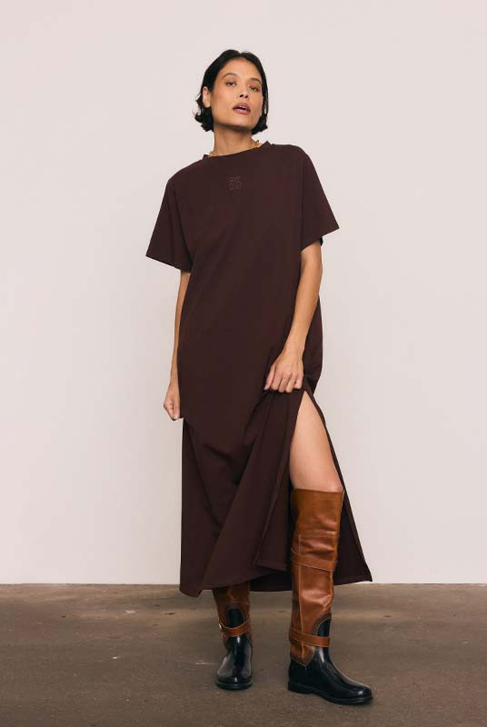 Drop Shoulder Tee Dress in Chocolate