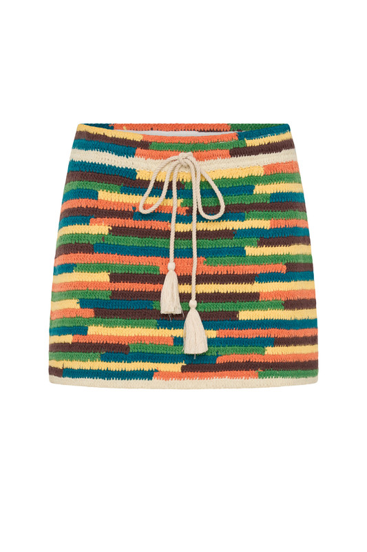 Hand-crocheted cotton meets playful stripes in this slim-fit mini skirt. The elasticated waist and A-line shape offer comfort with a handcrafted, artisanal finish - a piece that feels as unique as the moments you wear it.