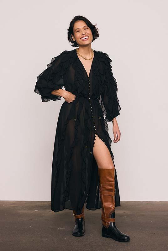 SUNRAY FLOUNCE MAXI DRESS IN BLACK