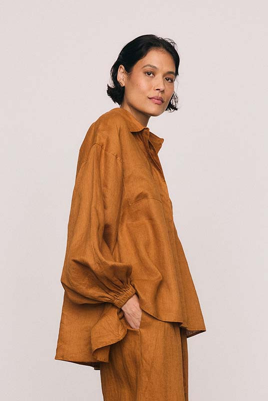 LINEN BILLOW SHIRT IN RUST