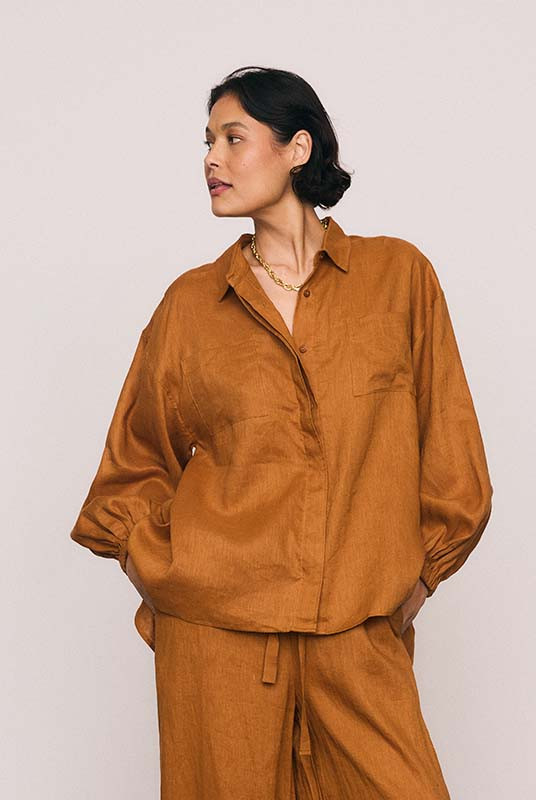 LINEN BILLOW SHIRT IN RUST