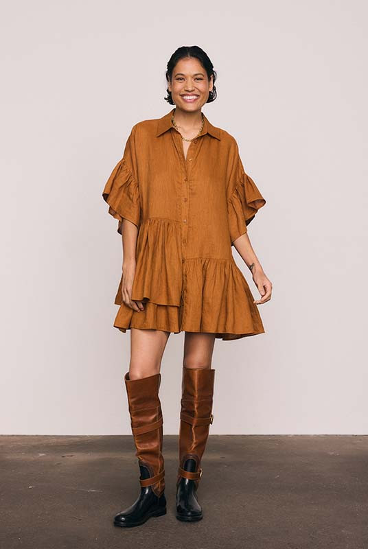 LINEN GENOA MINI DRESS IN RUST
