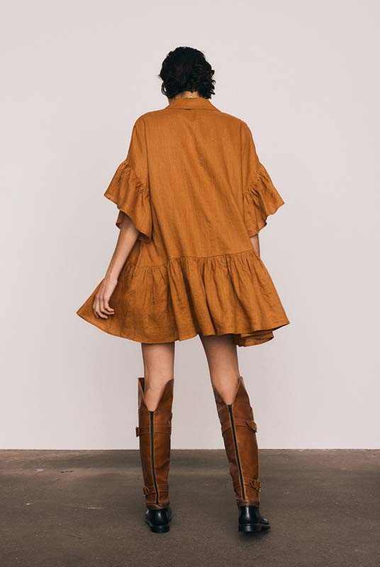 LINEN GENOA MINI DRESS IN RUST
