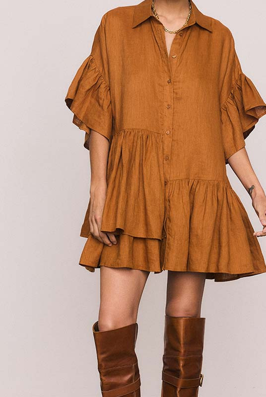LINEN GENOA MINI DRESS IN RUST