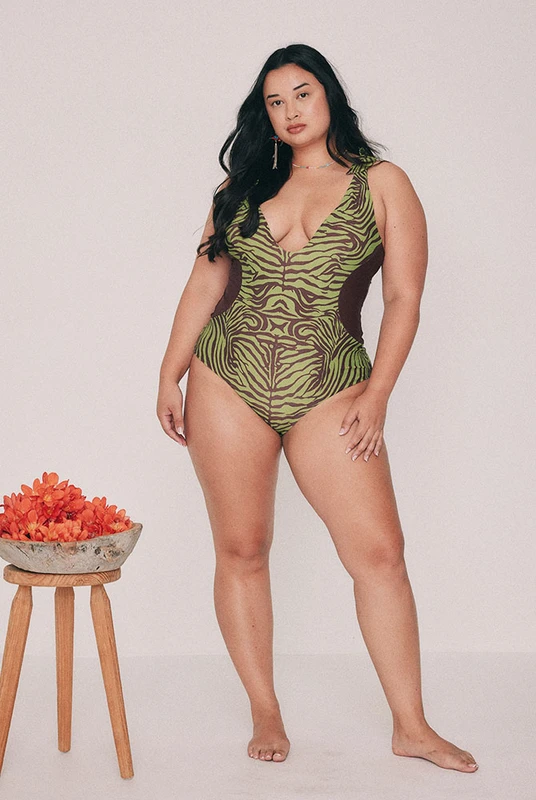 Zebra V Neck Onesie in Olive