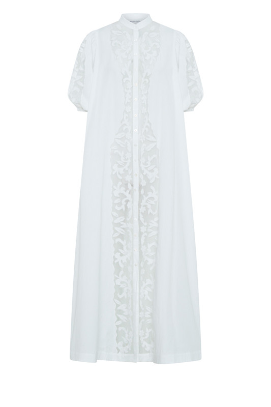 This romantic dress is inspired by the effortless style of the Australian coast. It's cut from crisp cotton-poplin with delicate appliqued flowers and vines to the front. Temper the blousen sleeves by cinching the waist.