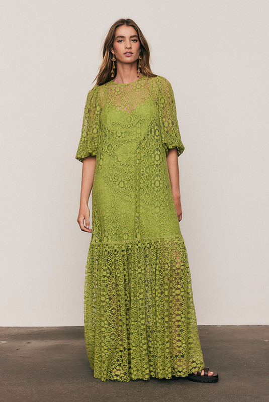 Elegant and enduring, the Ellie Lace Dress is crafted from a lightweight cotton-blend lace in radiant Citron, with a removable cotton slip for easy layering. Designed for a relaxed, graceful fit with voluminous sleeves and subtle texture, it embodies effortless bohemian refinement.