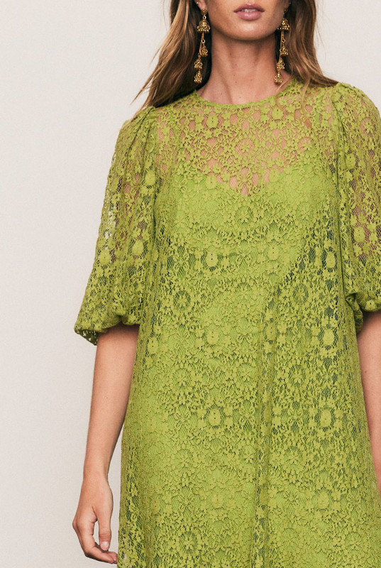Elegant and enduring, the Ellie Lace Dress is crafted from a lightweight cotton-blend lace in radiant Citron, with a removable cotton slip for easy layering. Designed for a relaxed, graceful fit with voluminous sleeves and subtle texture, it embodies effortless bohemian refinement.