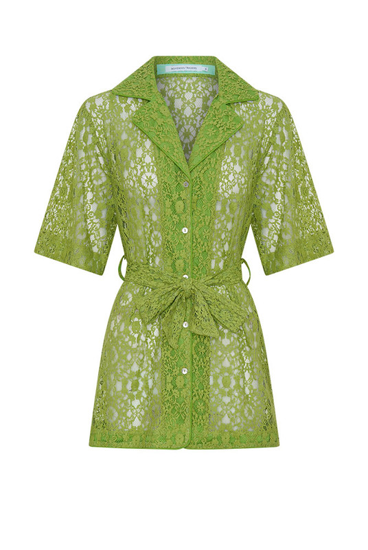 A best-selling Bohemian Traders silhouette, reimagined in vibrant Citron lace. Worn by women of influence globally, this softly structured shirt features a relaxed fit, shell buttons and a self-tie waist. Crafted from a premium cotton blend lace, it delivers effortless elegance and everyday ease. Available in our size-inclusive range from 6–22.