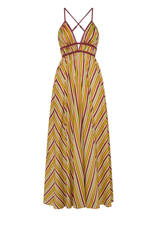 Softly structured and effortlessly refined, the Maggie Stripe Slip Dress is cut from lightweight cotton voile in Bohemian Traders’ custom spliced stripe print. Designed to flatter the body with a gathered underbust, low V-neck and adjustable cross-back straps, it drapes fluidly through the skirt, delivering timeless summer elegance with modern ease.