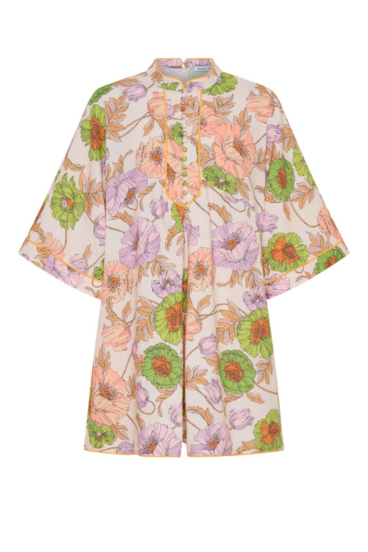This linen-cotton blend mini dress is defined by its artful, in-house floral print and relaxed tailoring. Designed for a comfortable, breezy fit, its mandarin collar, wide half-length sleeves, and crisp A-line silhouette offer sophisticated simplicity. Piping detail and functional side pockets ensure an elevated utility, making this an effortlessly modern piece for your summer capsule wardrobe.