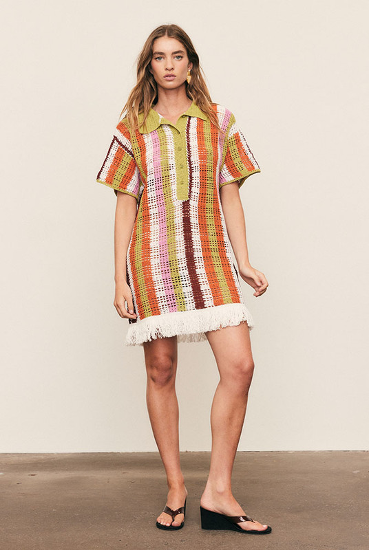 Lovingly hand-crafted from premium cotton, the Maggie Crochet Mini Dress is an heirloom-quality piece celebrating artisanal skill and timeless design. Featuring a vibrant multi-coloured stripe, short sleeves and a fringe hem, its slightly loose fit offers effortless movement and refined ease. A modern keepsake — designed to be worn, loved, and passed on.