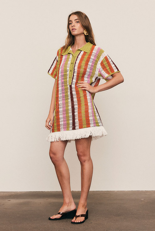 Lovingly hand-crafted from premium cotton, the Maggie Crochet Mini Dress is an heirloom-quality piece celebrating artisanal skill and timeless design. Featuring a vibrant multi-coloured stripe, short sleeves and a fringe hem, its slightly loose fit offers effortless movement and refined ease. A modern keepsake — designed to be worn, loved, and passed on.