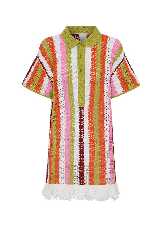 Lovingly hand-crafted from premium cotton, the Maggie Crochet Mini Dress is an heirloom-quality piece celebrating artisanal skill and timeless design. Featuring a vibrant multi-coloured stripe, short sleeves and a fringe hem, its slightly loose fit offers effortless movement and refined ease. A modern keepsake — designed to be worn, loved, and passed on.