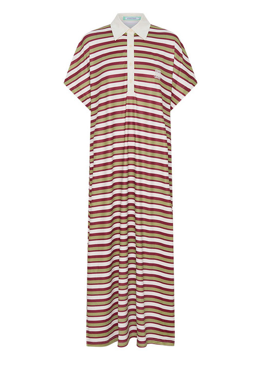 The Maggie T-Shirt Dress redefines relaxed polish. Crafted from silky striped polyester, it features a contrast collar, embroidered logo, and fluid drape that moves with ease. Its mid-length silhouette and effortless comfort make it perfect for day-to-night styling. Casual, confident, and crafted for women who favour style with soul.