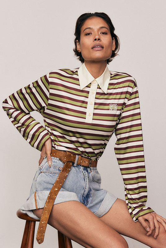 A modern take on an off-duty classic, the Maggie Rugby Tee is cut from soft, slinky polyester in multi-coloured stripes. Designed with a contrast collar, long wide sleeves, and embroidered logo, it blends nostalgic sport styling with everyday dressing. Wear it loose or belted for bold, relaxed refinement that feels unmistakably Bohemian Traders.