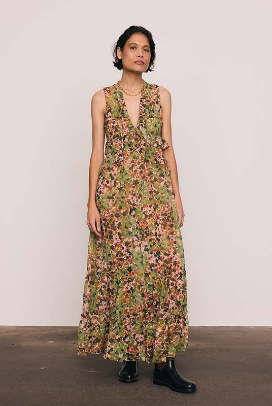 Ivy Frill Dress in Green Ditsy