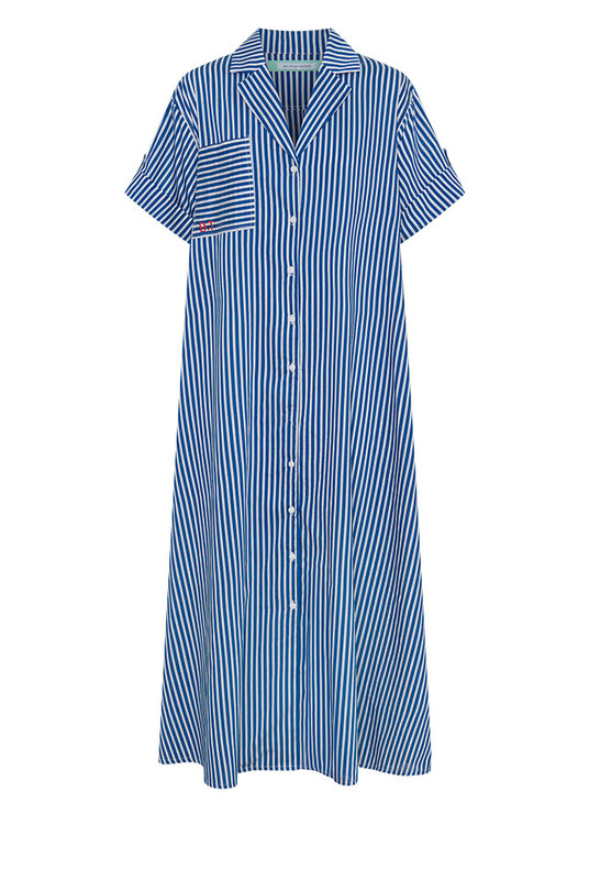 A reinvention of our best-selling Opera Shirt Dress, this new-season update arrives in a soft Rayon–Tencel blend with short sleeves and a camp collar, reimagined for high summer. Refined red Bohemian Traders embroidery adorns the chest, while the fluid stripe fabric and relaxed tailoring offer effortless versatility — the perfect balance of structure and ease.