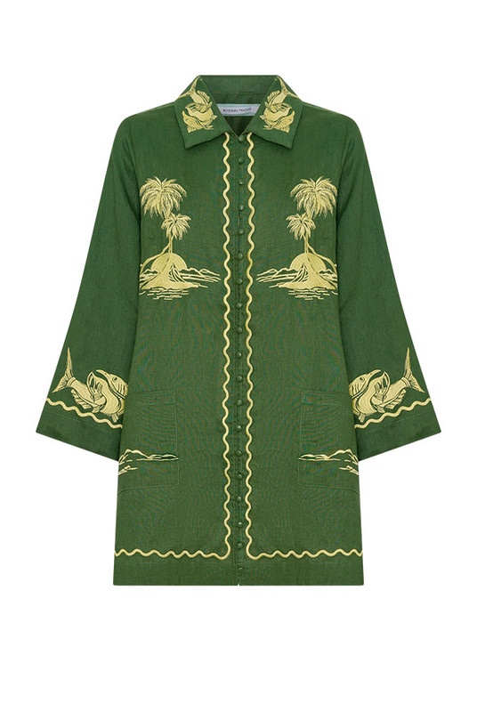 Effortless and artful, the Embroidered Shirt Dress is crafted from pure linen in Jungle Green and elevated with contrast embroidery. Designed with a wide collar, relaxed silhouette and sleeves, it drapes with ease while holding its shape. A timeless wardrobe staple in natural fibre - refined, breathable, and made to live beautifully.