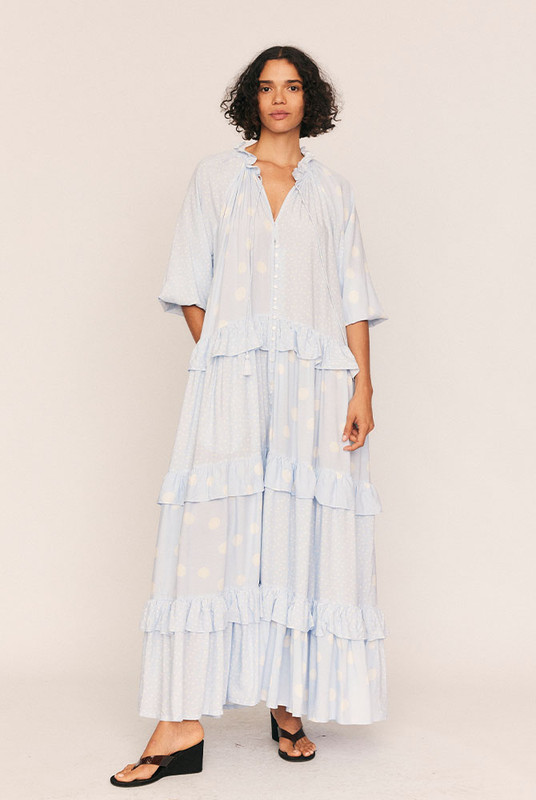 Romantic by nature and effortless by design, the Dott Ruffle Neck Maxi captures the soul of soft dressing. Crafted from smooth rayon in Bohemian Traders’ exclusive in-house print, this easy maxi dress drapes with fluid movement and gentle structure.