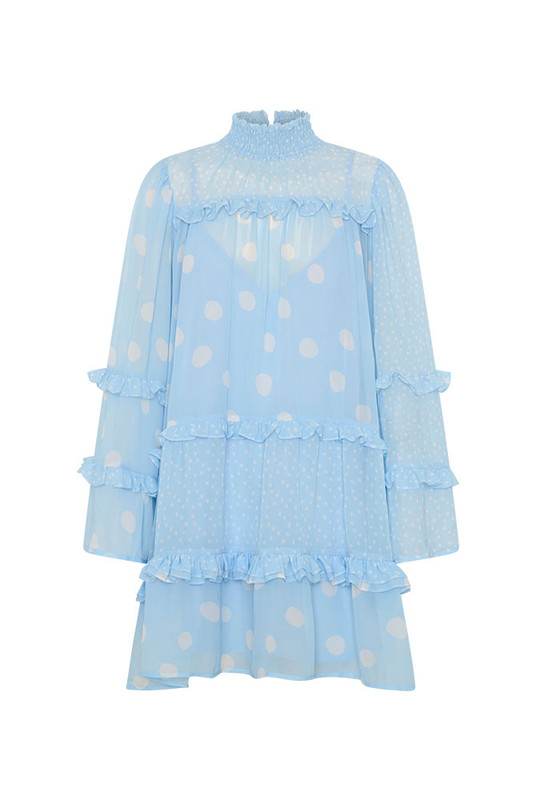 Delicate, fluid, and effortlessly romantic, the Dott Flare Sleeve Mini Dress is a sheer mini designed to make dressing feel poetic. Crafted from lightweight crepe georgette in Bohemian Traders’ custom in-house print, it floats beautifully with flared sleeves and a high neckline finished with a centre-back keyhole.