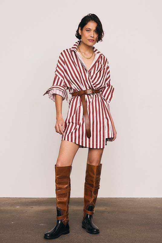 Tie Waist Shirt Dress in Maroon