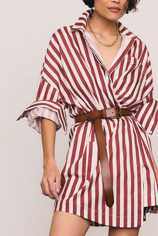 Tie Waist Shirt Dress in Maroon