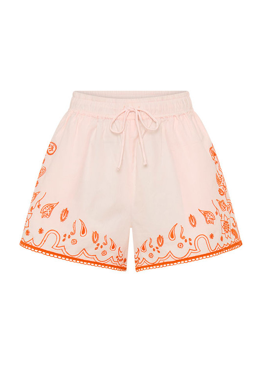Designed to pair perfectly with the matching top, the Bonnie Embroidered Shorts are a playful yet polished addition to your warm-weather wardrobe. Cut from crisp cotton poplin in a soft pastel hue, they’re brought to life with vibrant orange embroidery—offering a bold, artisanal twist.