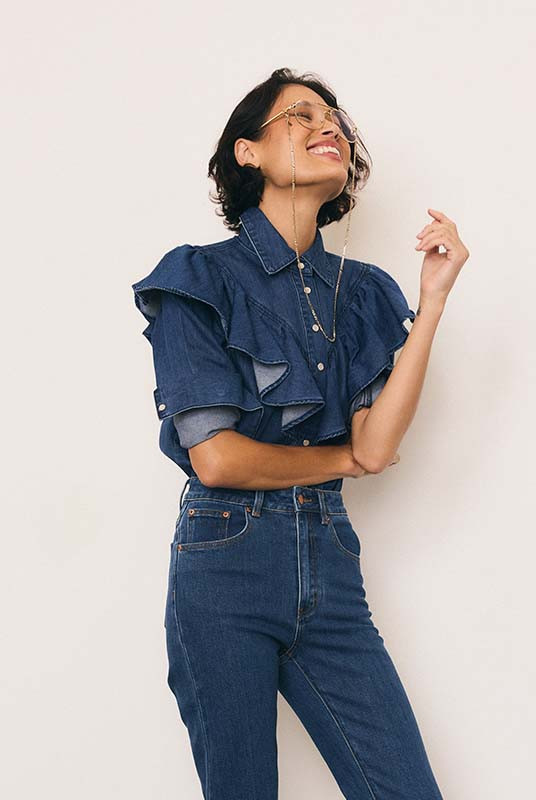 Ruffle Denim Shirt in Mid Blue