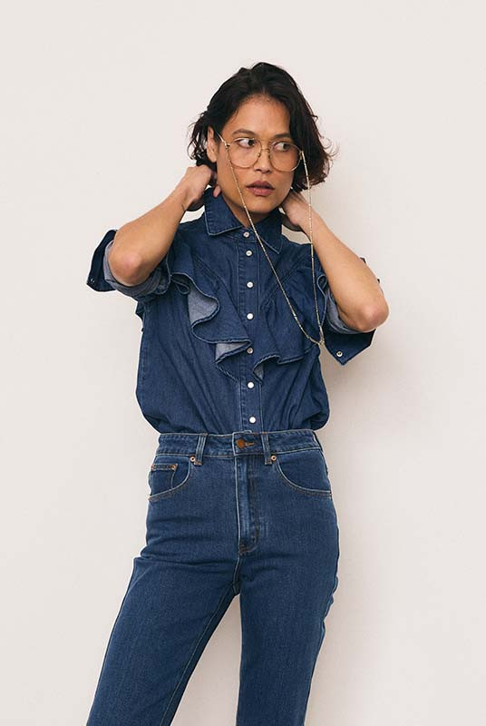 Ruffle Denim Shirt in Mid Blue
