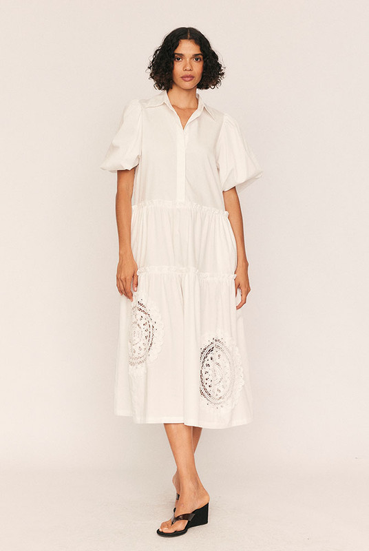 Effortlessly refined with a touch of romantic charm, the Camilla Poplin Dress captures modern femininity through a timeless lens. Cut from crisp white cotton poplin, it’s designed with a gently fitted bodice that falls to a relaxed midi-length skirt—detailed with intricate lace crochet for soft contrast.