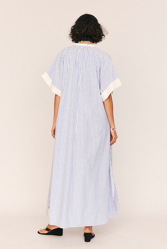 Our sell-out silhouette returns—now in a timeless striped print. The Maxi Smock Dress is cut from crisp, mid-weight cotton in a custom Bohemian Traders stripe, designed to offer breezy structure with a softly oversized fit.