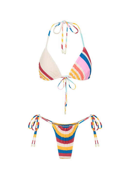 Confidently classic and sun-soaked in spirit, the Marie Tri Bikini in custom Bohemian Traders stripe is a swimwear essential reimagined with thoughtful details. Crafted in soft matte spandex with mid-weight, sturdy stretch, this best-selling bikini shape flatters a range of figures and is proudly size inclusive.