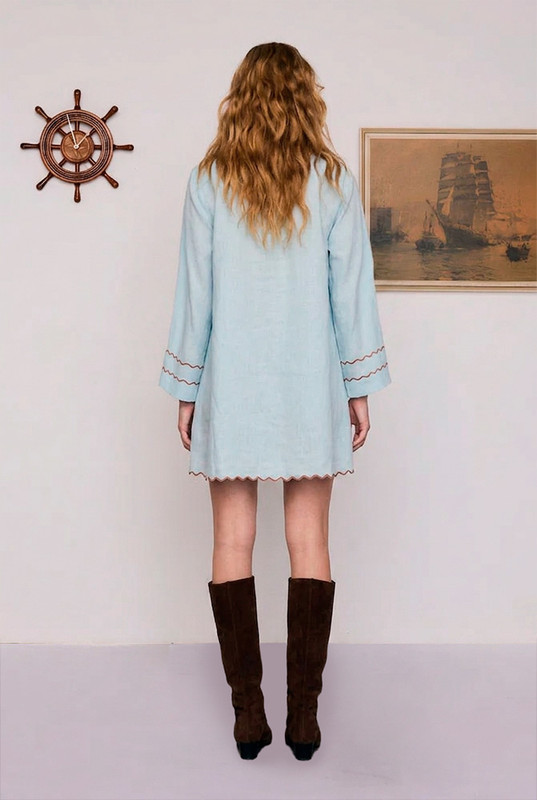 Scallop Edge Mini Dress in Mint Blue