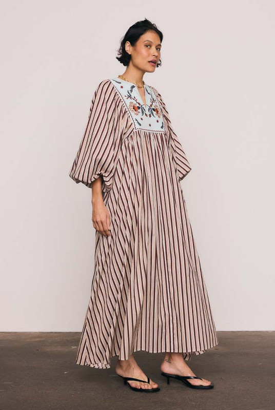 Scallop Embroidery Bib Maxi Dress in Stripe