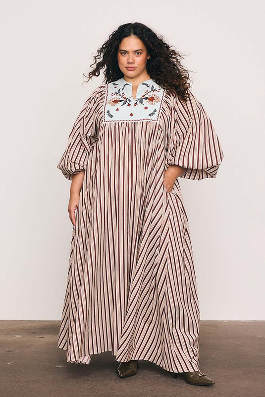 Scallop Embroidery Bib Maxi Dress in Stripe