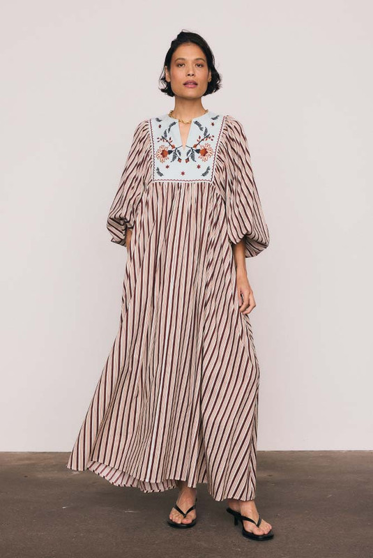 Scallop Embroidery Bib Maxi Dress in Stripe