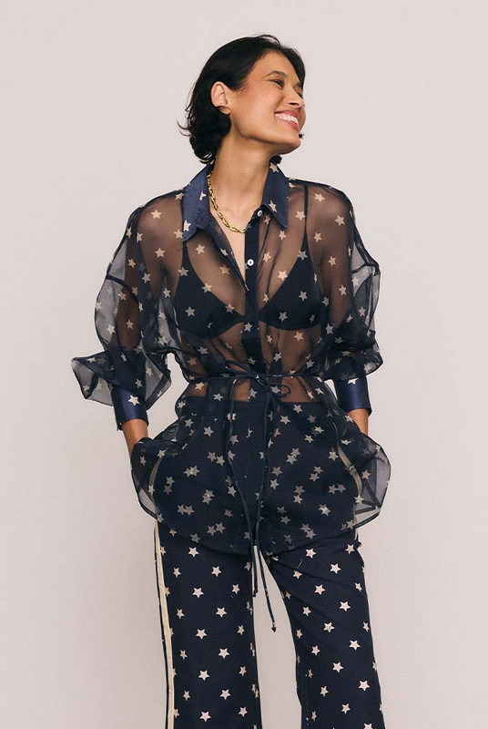 Star Oversized Sheer Shirt in Navy