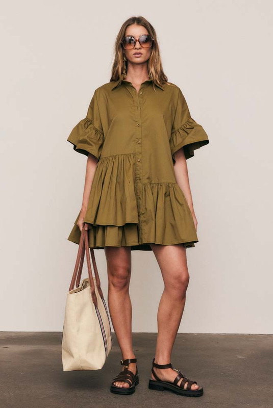 Olive Genoa Cotton Dress in Khaki