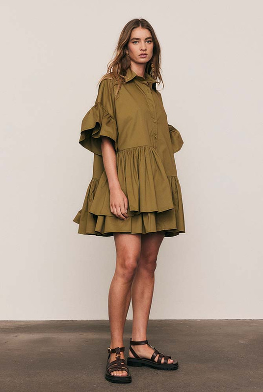Olive Genoa Cotton Dress in Khaki