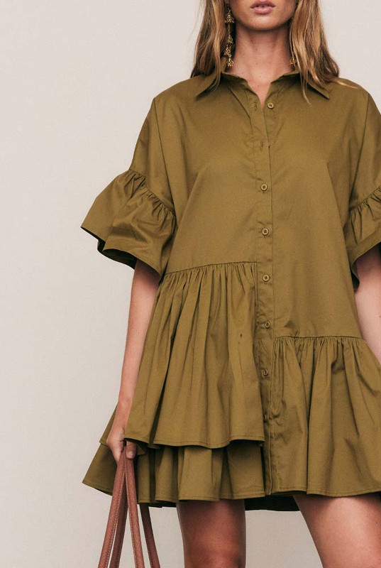 Olive Genoa Cotton Dress in Khaki