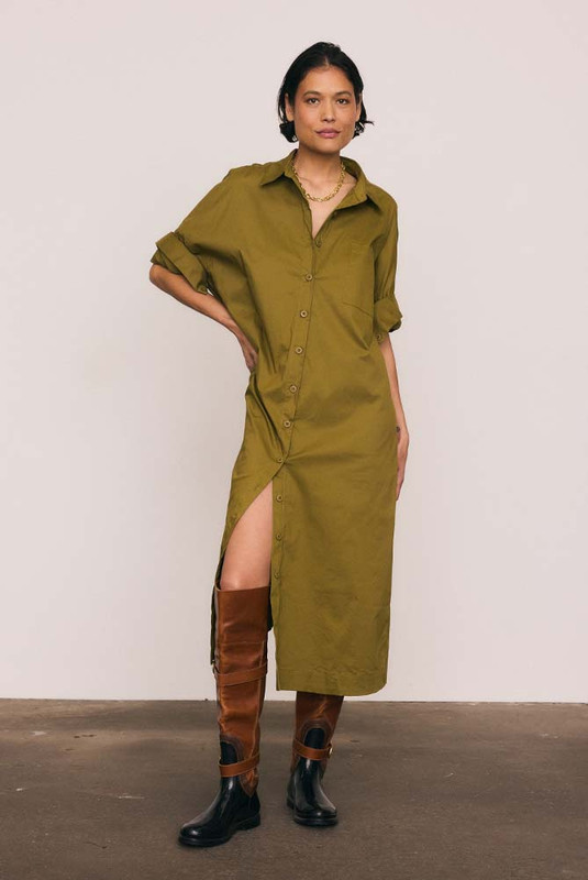 Olive Work Smock Dress in Khaki