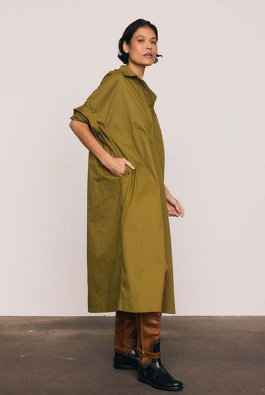 Olive Work Smock Dress in Khaki