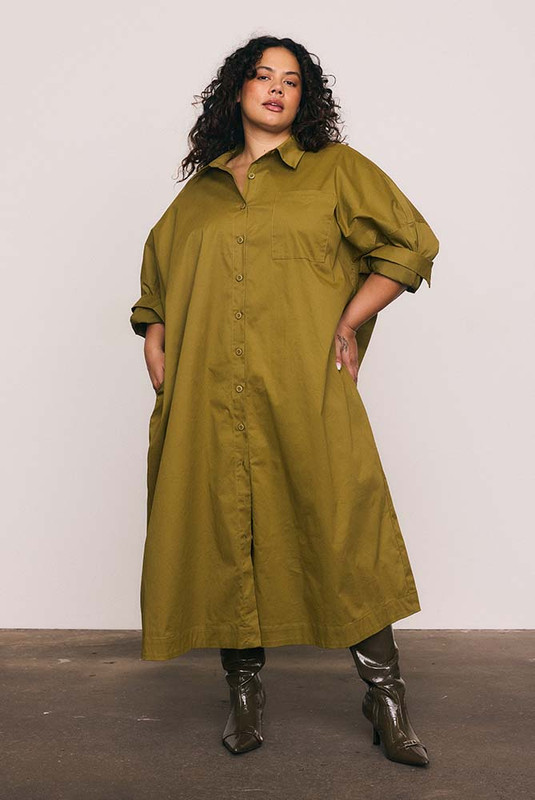 Olive Work Smock Dress in Khaki