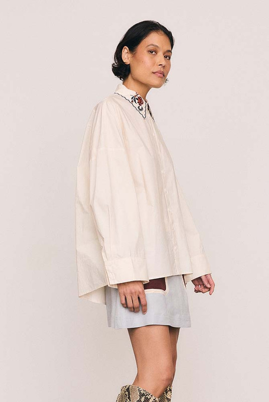 Embroidered Collar Cotton Shirt in Cream
