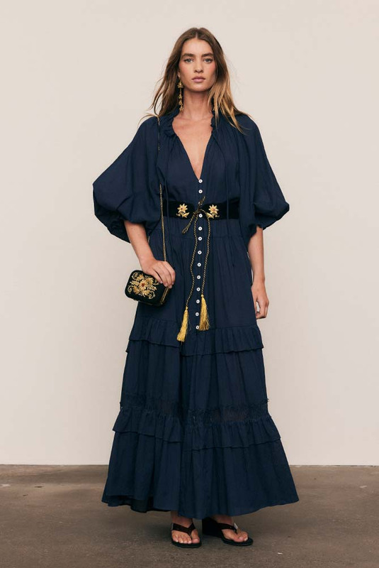 Lace Trim Ruffle Neck Dress in Navy