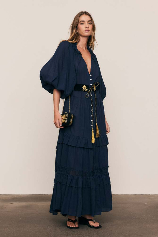 Lace Trim Ruffle Neck Dress in Navy