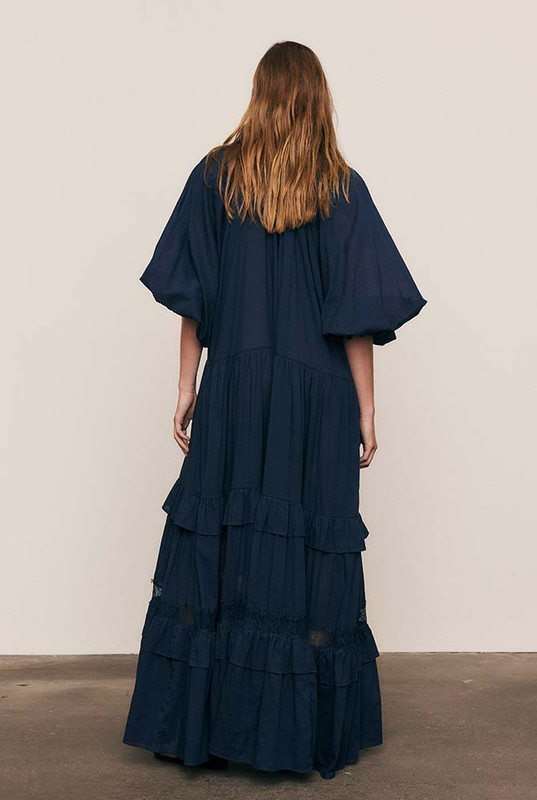 Lace Trim Ruffle Neck Dress in Navy