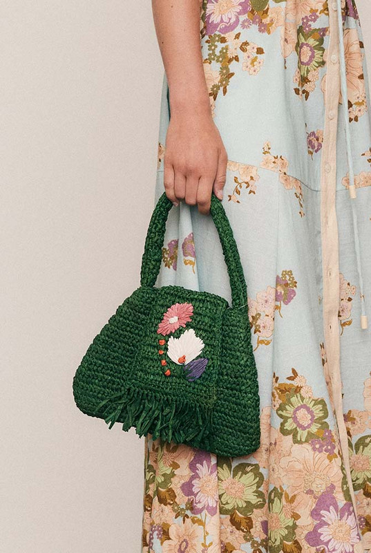 Raffia Floral Mini Bag in Green
