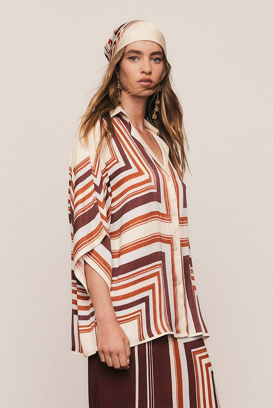Scarf Satin Oversized Shirt in Multi